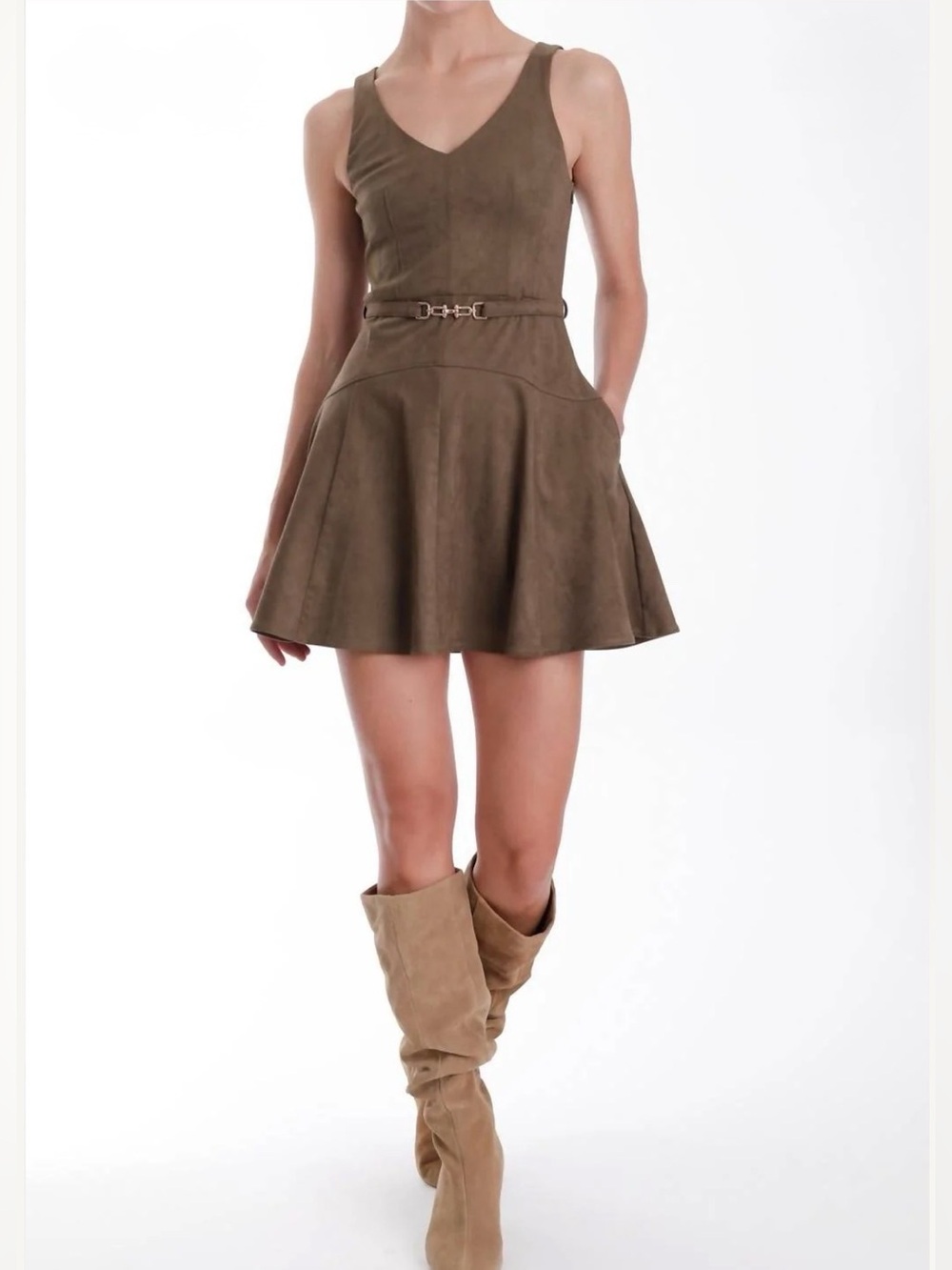 Karina Grimaldi Hanna Faux Suede Mini Dress Olive Size L NWT